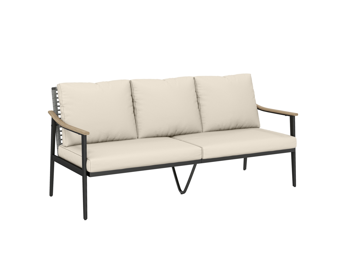 Sofá de Exterior 3 Lugares Caqui rattan efeito madeira com braços e encosto | S/MARCA