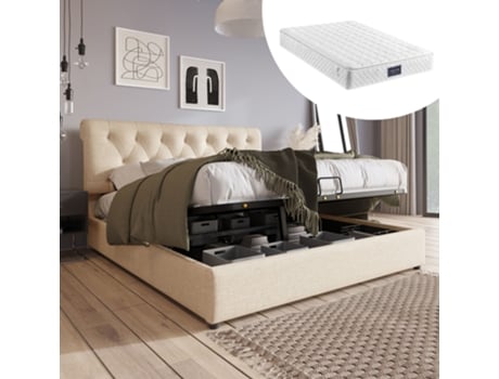 Cama Com Colchão De Casal E Cabeceira Hidráulica Estofada Armazenamento Pangshiyaun Linho Bege (112x212x168cm)