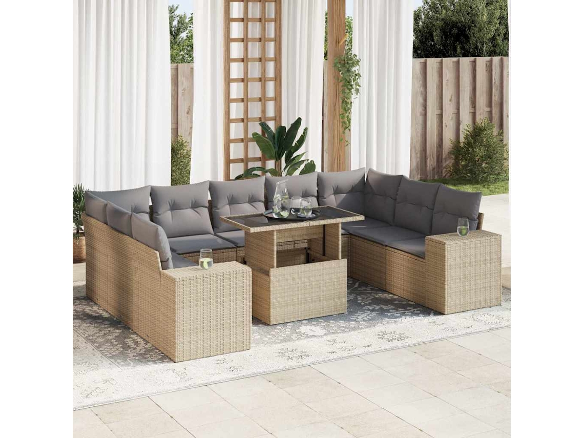 Vidaxl 10 Pcs Conjunto De Sofás P/ Jardim Com Almofadões Vime Pe Bege