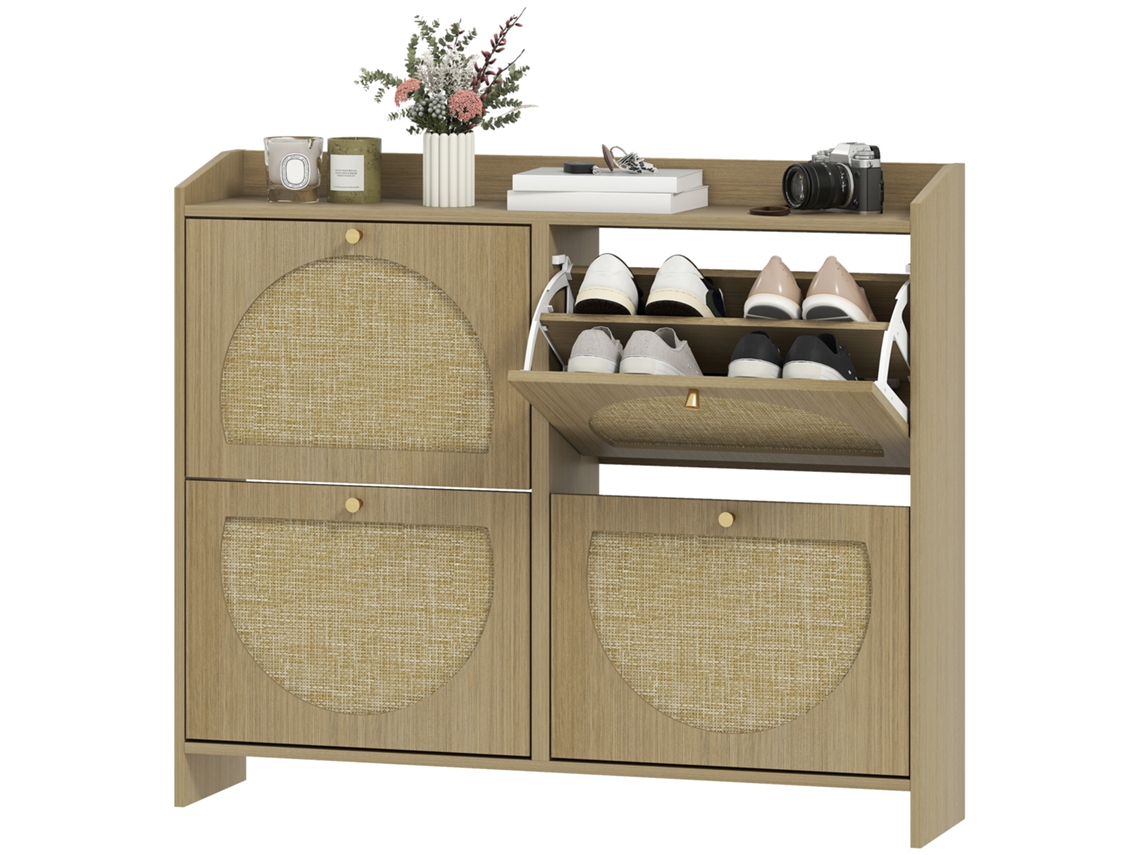 Sapateira Estreita Com 4 Portas De Vime Para Entrada Com Prateleiras Ajustáveis Para 16 Pares De 104,5x24x88 Cm Madeira