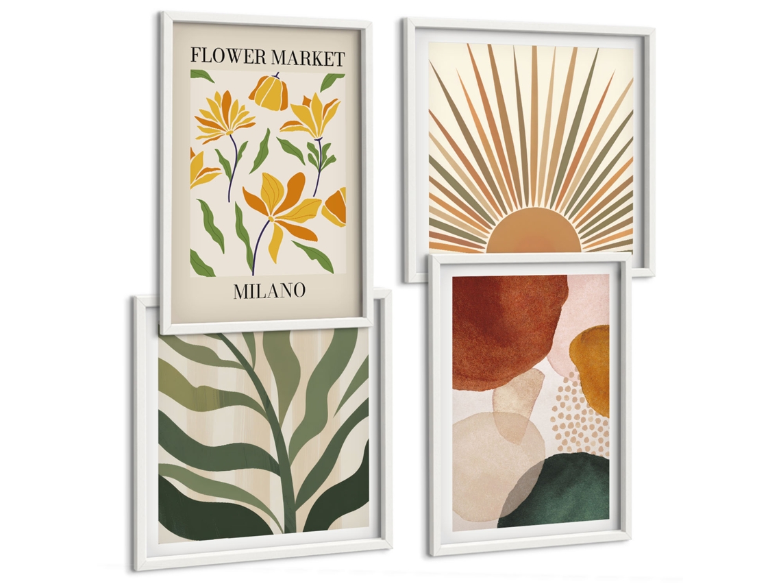 Um Conjunto De Imagens Decorativas Em Uma Moldura Folhas Com Formas Geométricas Moldura Branca Pinturas De Quarto Espelharte (conjunto De 4 Imagens)