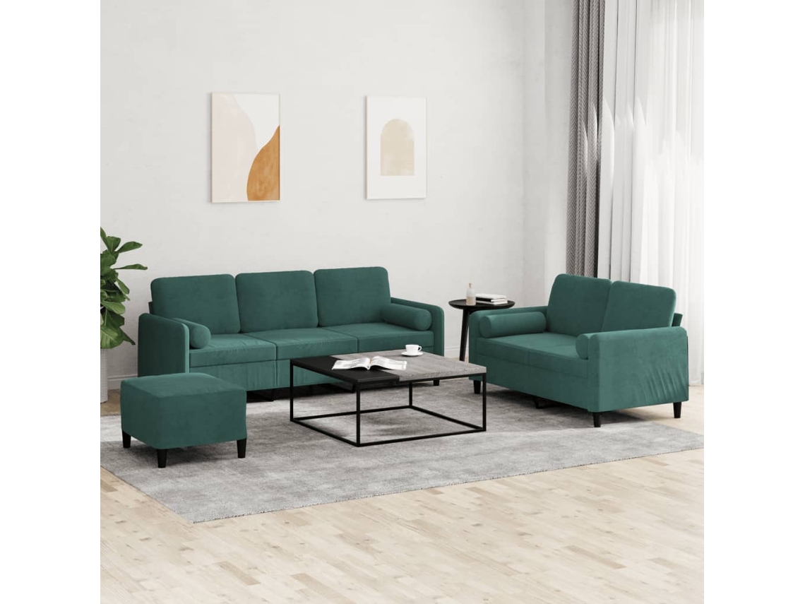 Vidaxl 3 Pcs Conjunto De Sofás Com Almofadas Veludo Verde-escuro