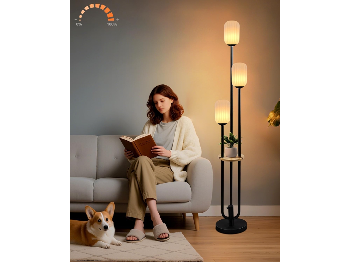 Luminária De Chão Vintage Com Dimmer, Prateleira E Lâmpadas Led, 3 Lâmpadas, 3000k, Branco Quente Suave, Luminária De