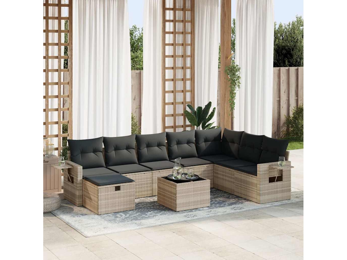Vidaxl 9 Pcs Conj. Sofás Jardim Com Almofadões Vime Pe Cinzento-claro