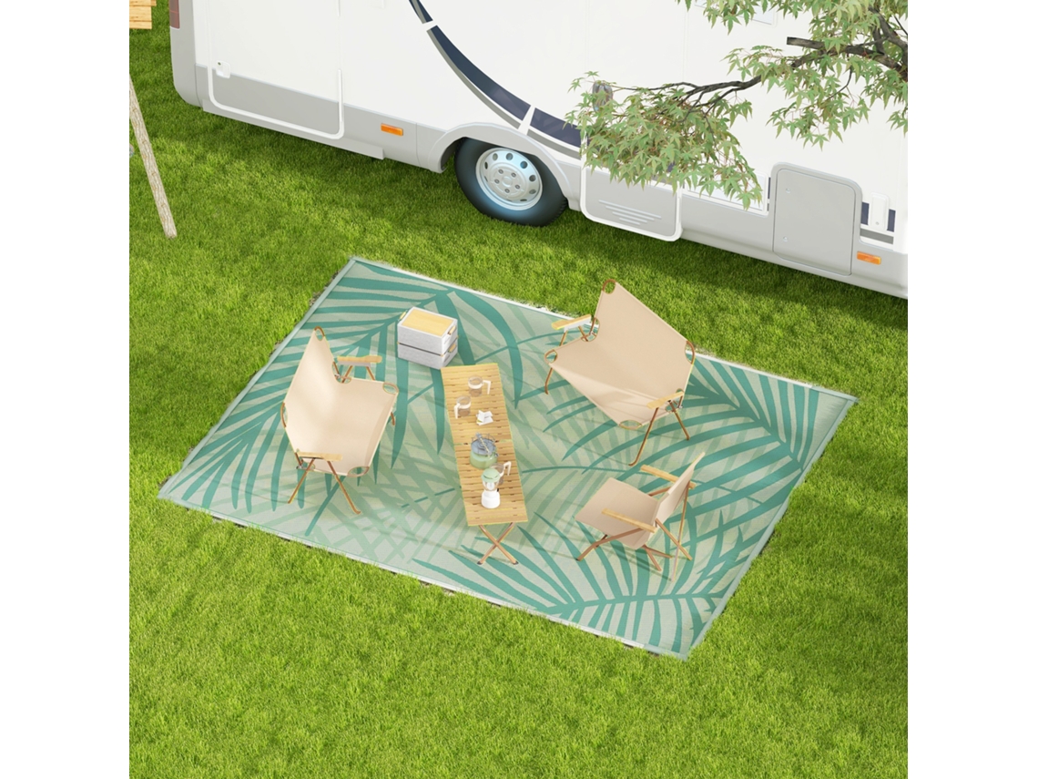 Tapete de jardim reversível, 365x274 cm, padrão de folhagem, impermeável, com bolsa de transporte, verde creme | S/MARCA