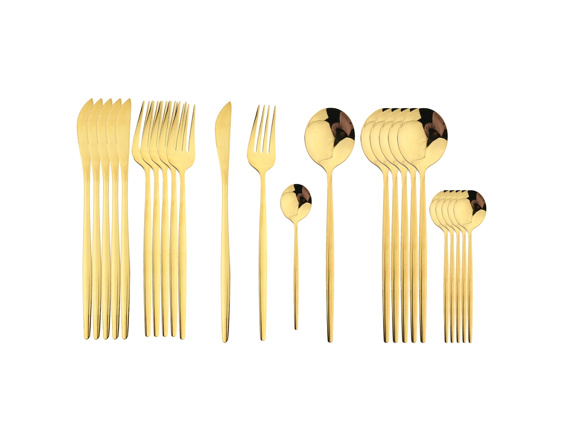 Conjunto de Talheres de Aço Inoxidável com 24 Peças, Incluindo Faca, Colher e Garfo. MDUG (dourado)