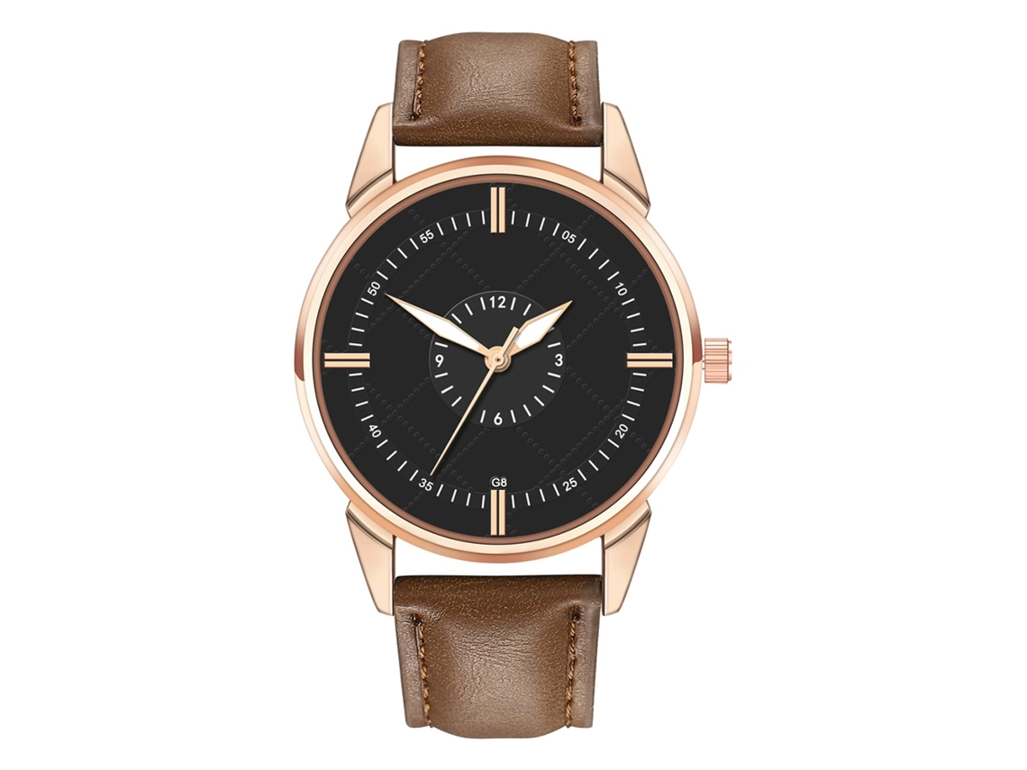 Relógio analógico masculino com pulseira de couro PU e movimento de quartzo (mostrador preto/marrom escuro)