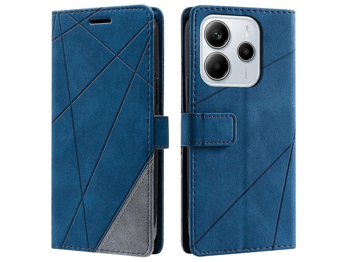 Capa Tipo Carteira Com Emendas De Couro Pu Com Linhas Impressas Para Xiaomi Redmi Note 14 4g (163,25 Mm) - Azul