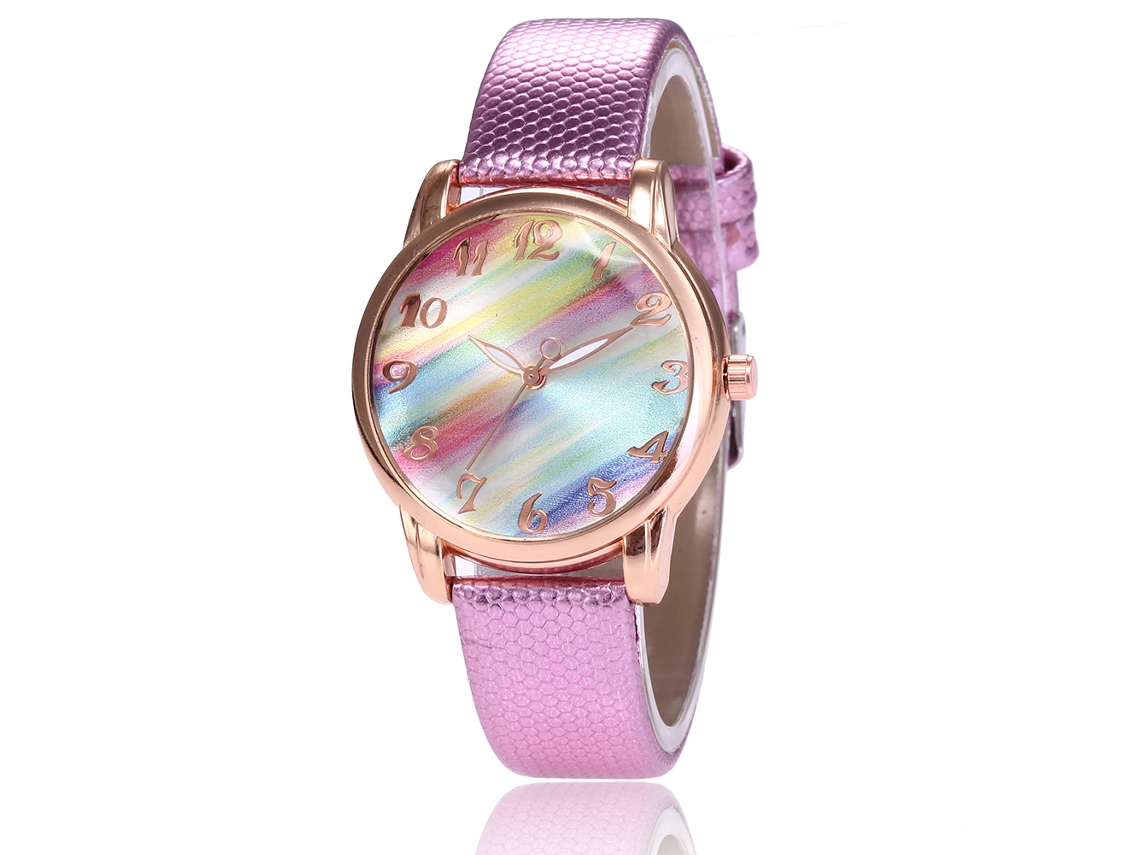 Relógio de quartzo unissex com pulseira de couro PU, contador de arco-íris, cor rosa Zhoulianfa