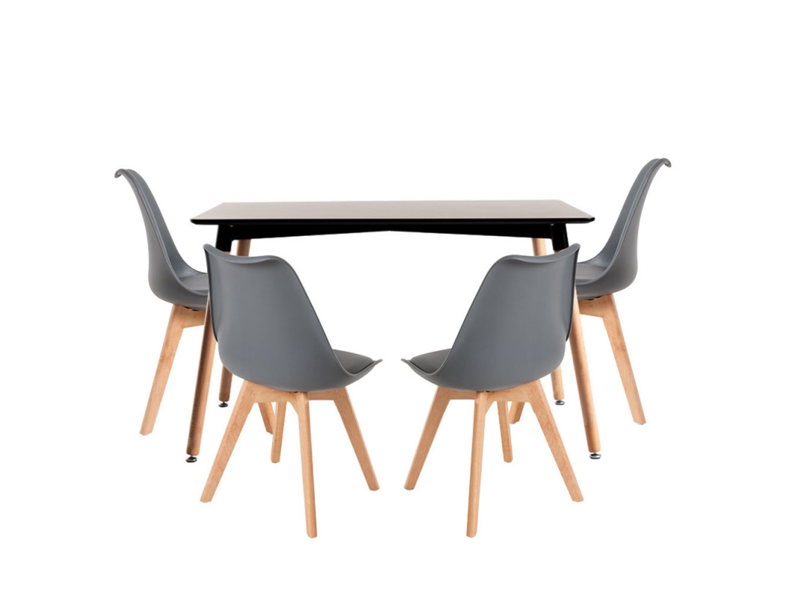 Conjunto Mesa Tower Retangular 120 X 80 Cm Preto E Pack 4 Cadeiras Synk Basic - Cinza