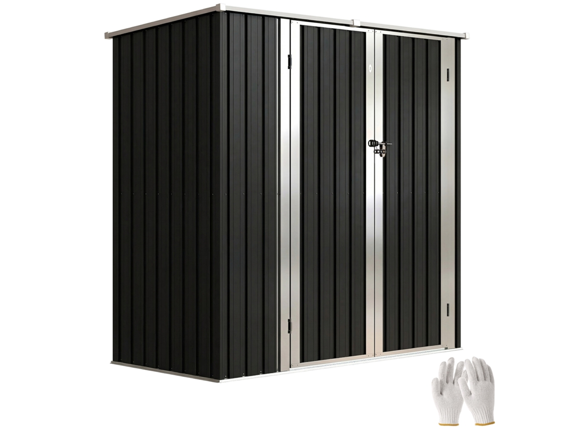 Abrigo de Jardim Exterior Metálico 1,37 M² 163x89x163 Cm com Telhado Inclinado, Portas com Fecho e Luvas Cinzento VERIDIA CUOM