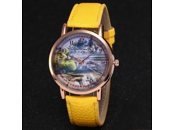 Relógio feminino moderno de quartzo com pulseira de couro PU e mostrador redondo amarelo.