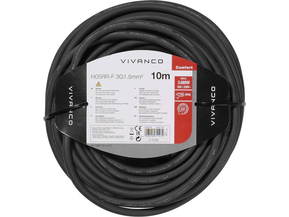 Extensão Exterior 6T VIVANCO 1T Ip44 M-F 10M (Preto)