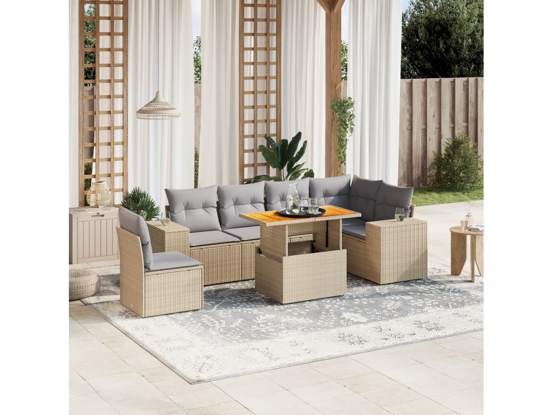 Vidaxl 7 Pcs Conjunto De Sofás P/ Jardim Com Almofadões Vime Pe Bege