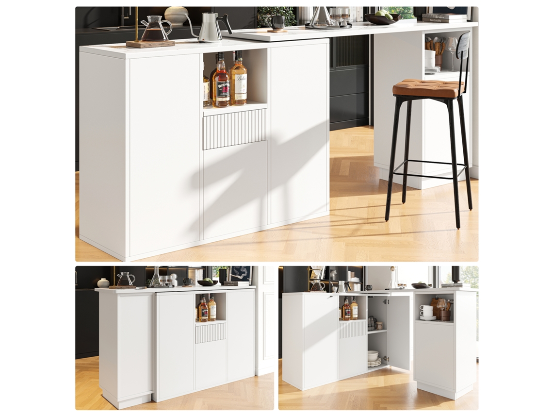Mesa de Bar Giratória Design Moderno com Armazenamento Aberto e Superfície em Mármore Branco MOBRIO (210x30x100,9 cm)