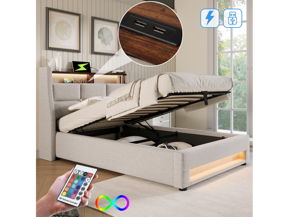Cama Solteiro 90x200cm Com Led Usb Lattenrost Metal Sem Colchão