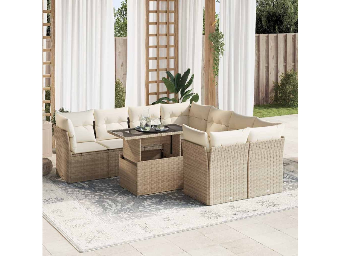 Vidaxl 9 Pcs Conjunto De Sofás P/ Jardim Com Almofadões Vime Pe Bege