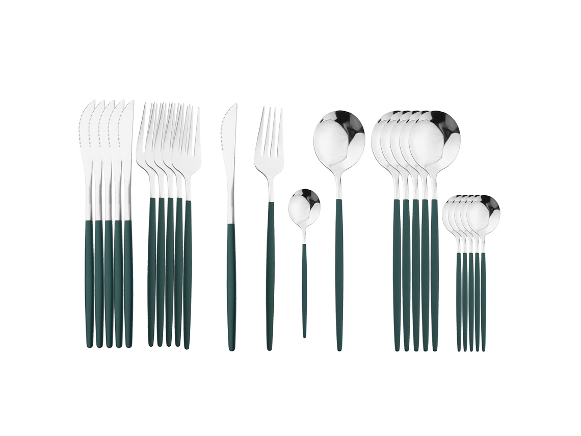 Conjunto De Talheres De Aço Inoxidável (verde E Prata) Com 24 Peças, Incluindo Faca, Colher E Garfo.