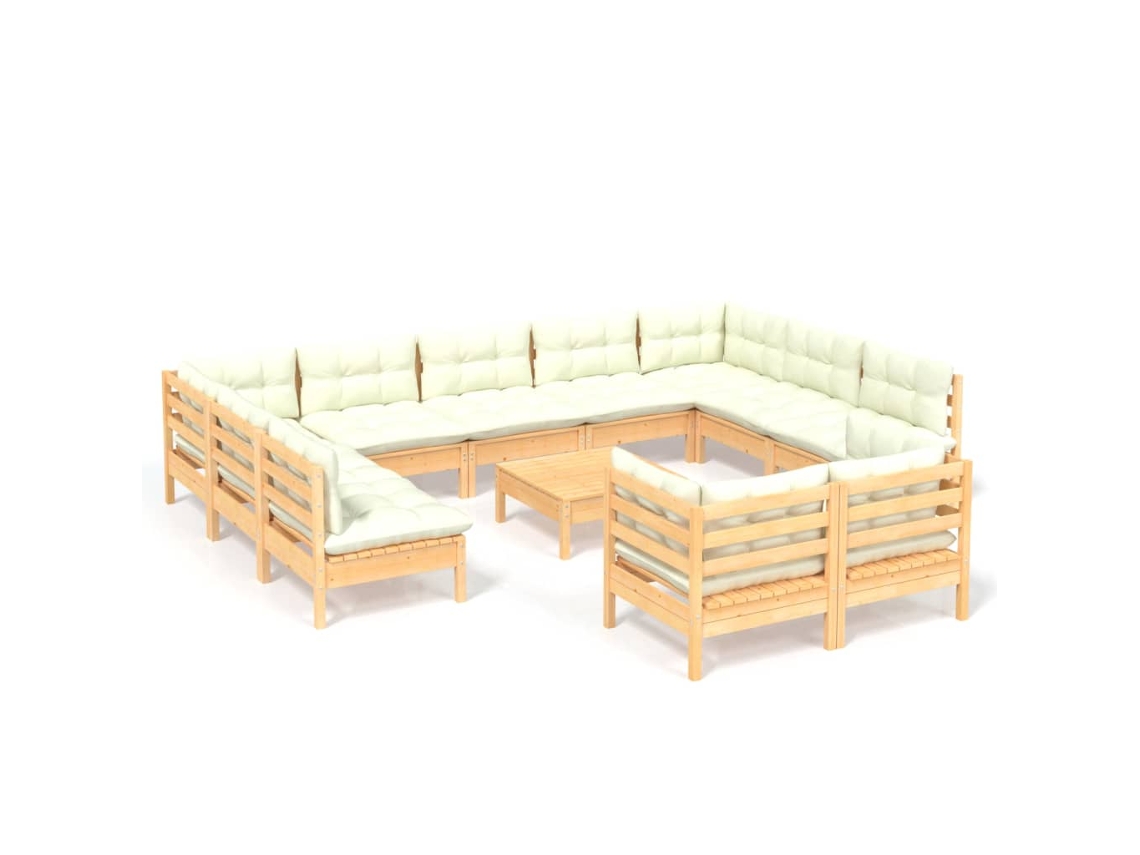 Conjunto de 12 Lounge Jardim com Almofadões Creme Pinho Maciço MAISON EXCLUSIVE