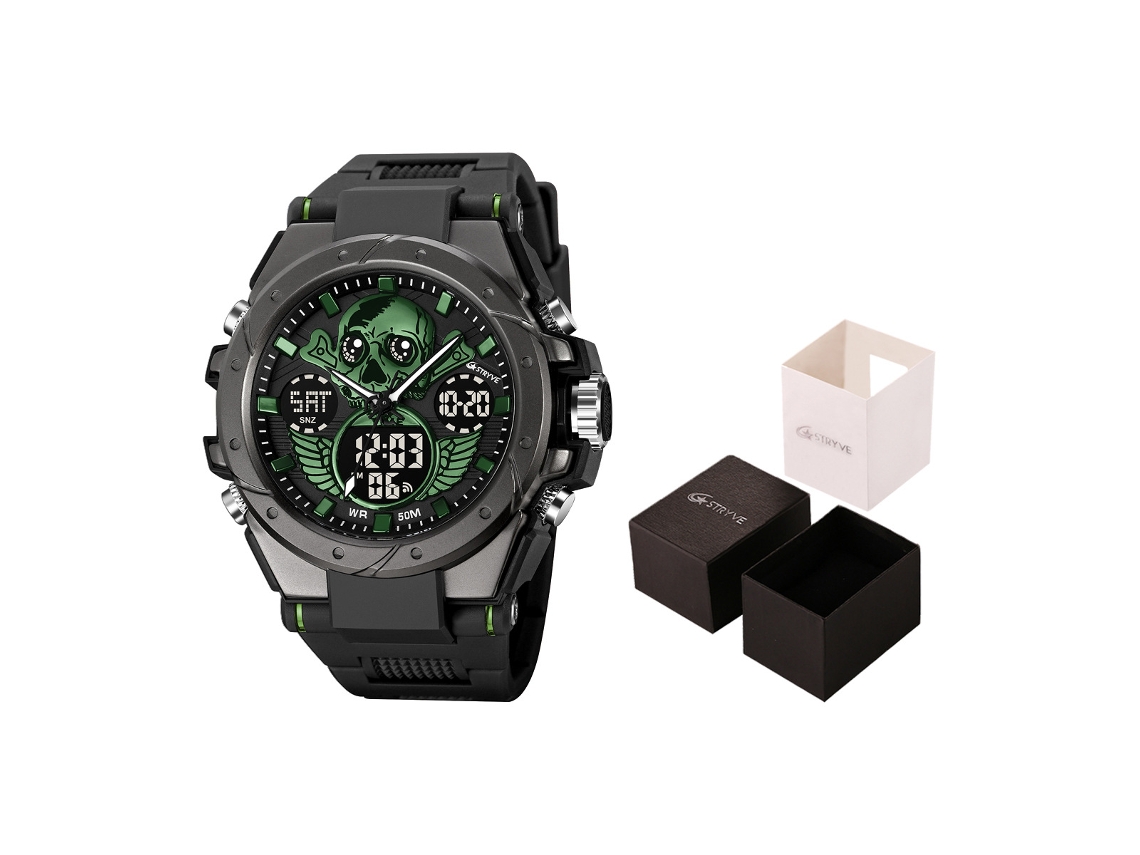 Relógio Eletrônico Esportivo Masculino À Prova D'água com Caveira Luminosa MDUG (preto e Verde)