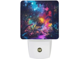 Luminária noturna LED com sensor crepuscular, representando uma floresta estrelada fantástica.