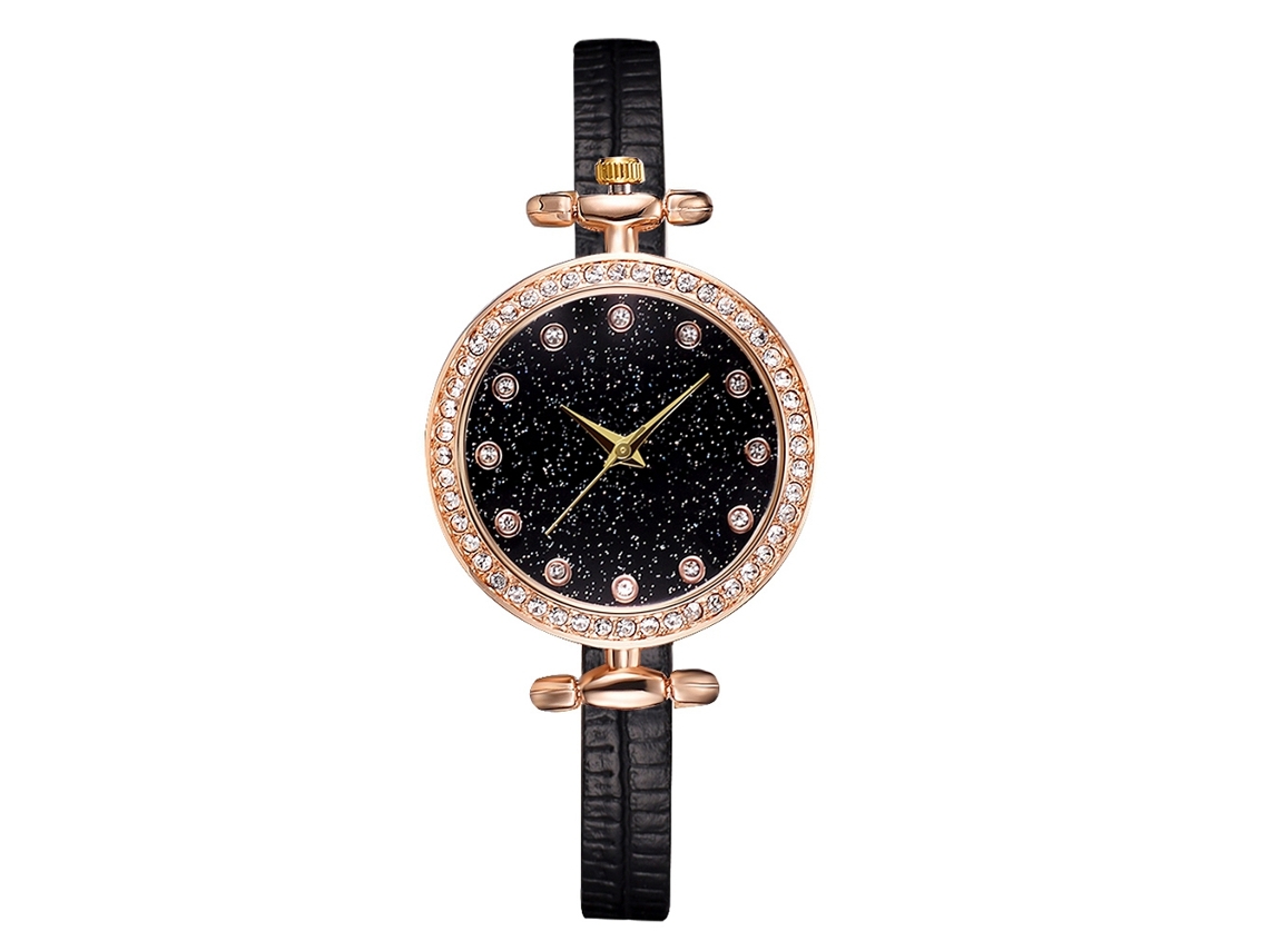 Relógio de Quartzo Feminino Estilo Casual Elegante Pulseira Pu Relógio de Pulso Preto