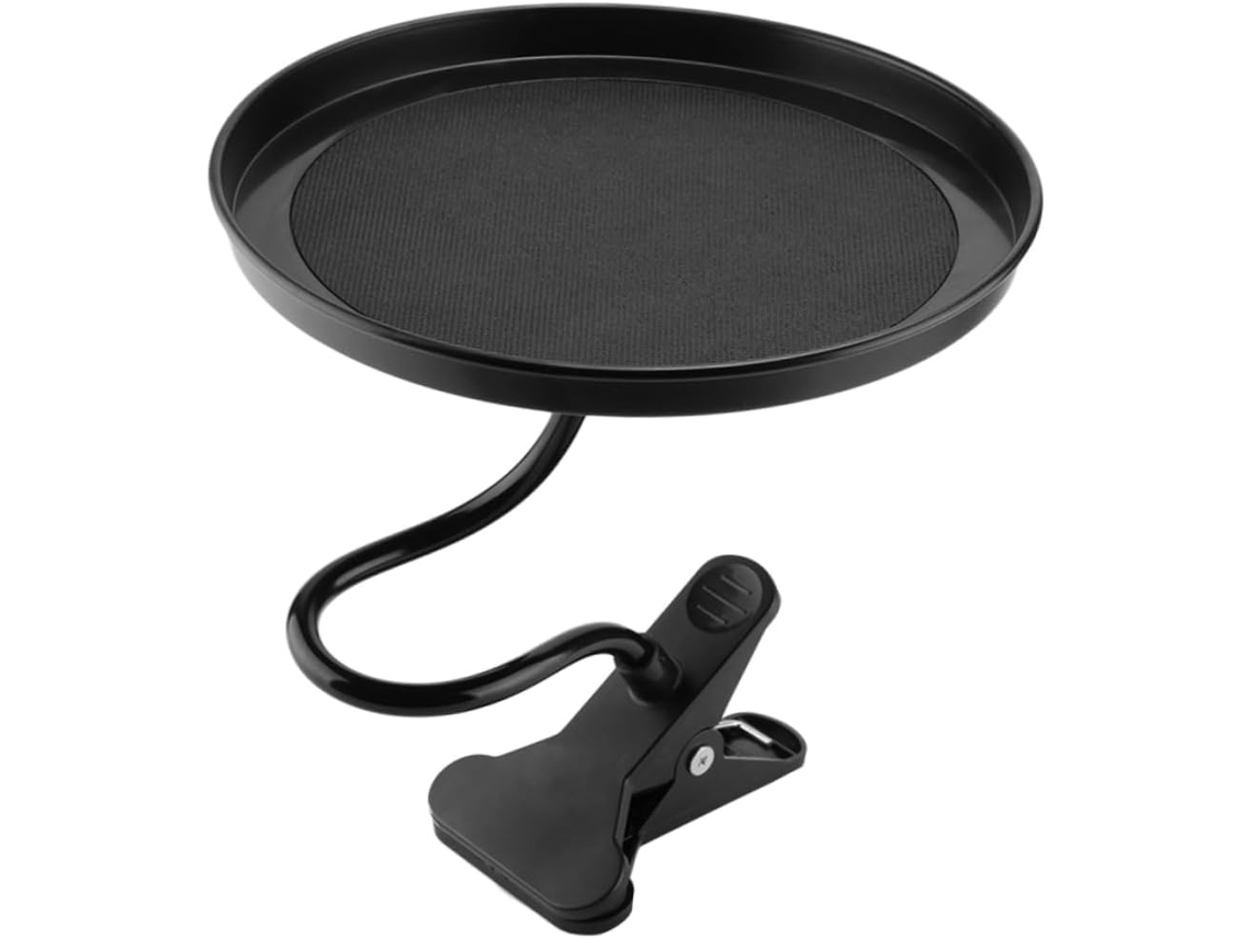 Bandeja redonda Preta para bebidas e lanches no carro, feita de policarbonato e alumínio, com suporte robusto e resistente.