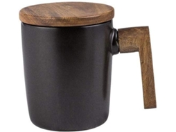 Caneca Dupla Em Cerâmica Com Tampa, Ideal Para Utilização No Escritório E Em Casa - Preta