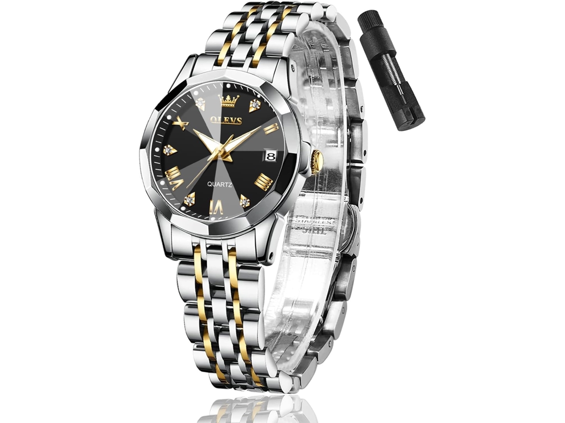 Lurelia Relógio Feminino, Movimento De Quartzo, Analógico, Data/calendário, Luminoso, Detalhes Com Strass, Aço Inoxidável, Resistente À Água, Preto