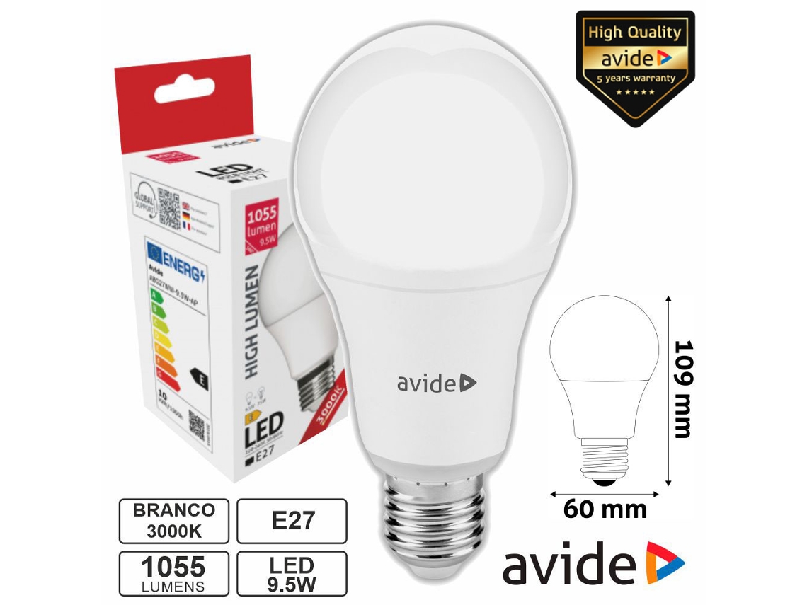 Lâmpada Led E27 Globo A60 9.5w 230v 3000k 1055lm AVIDE