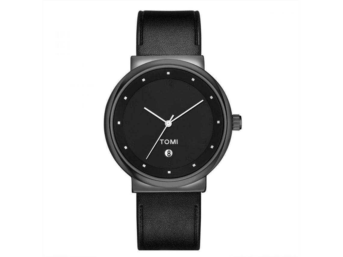 Relógio masculino Tomi, estilo simples, mostrador redondo, pulseira de PU, movimento de quartzo (preto)