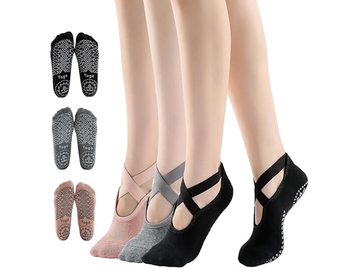 Meias de Ioga 3 Pares Antiderrapantes para Pilates, Balé, Dança, Esportes, Cores Preta, Cinza, Rosa AQUAFORGE