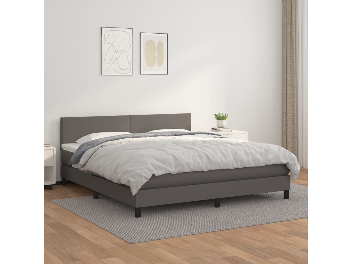 Vidaxl Cama Com Molas/colchão 160x200 Cm Couro Artificial Cinzento