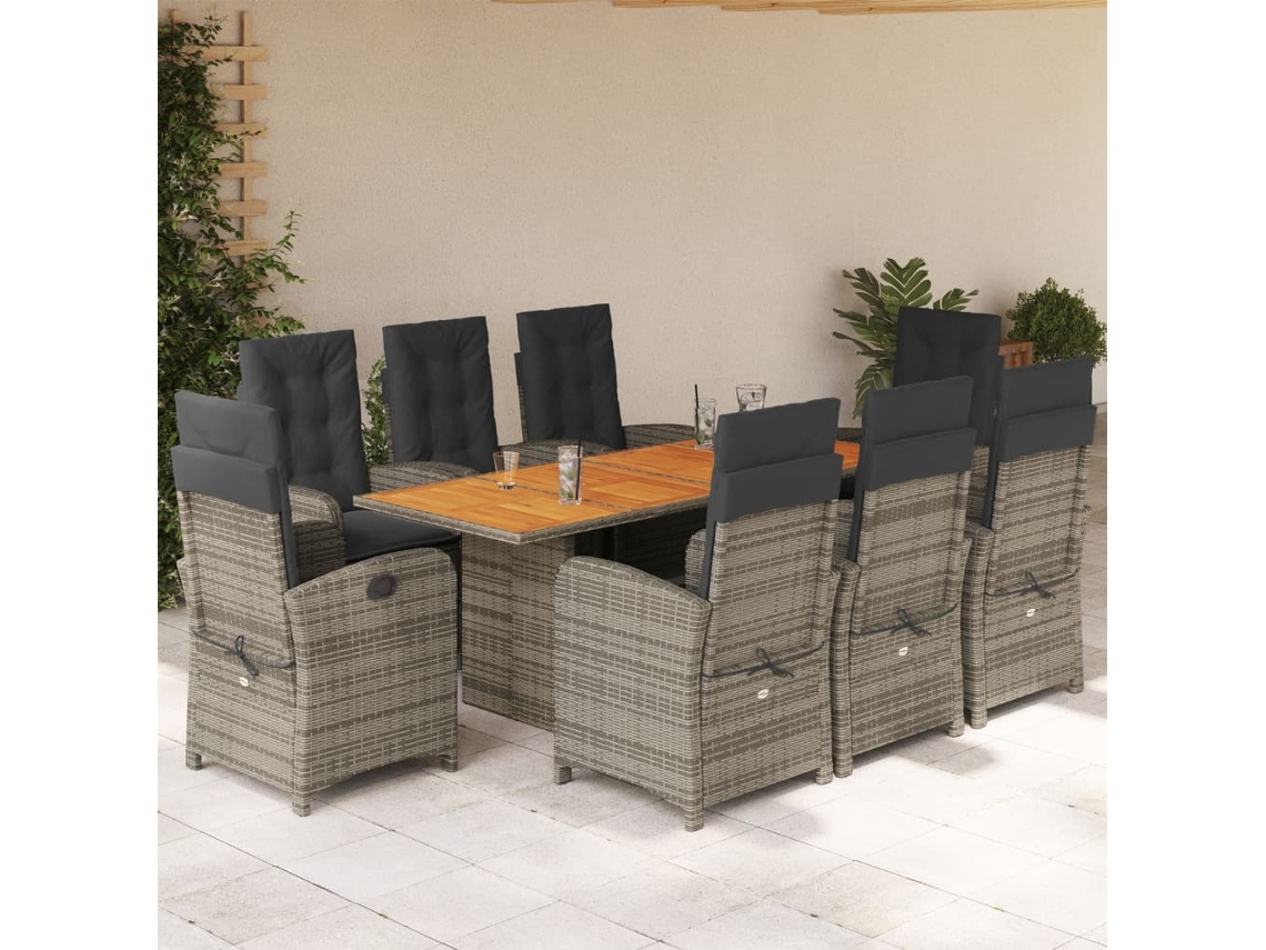 9 Pcs Conjunto De Jantar P/ Jardim C/ Almofadões Vime Pe Cinza Dkd Home Decor