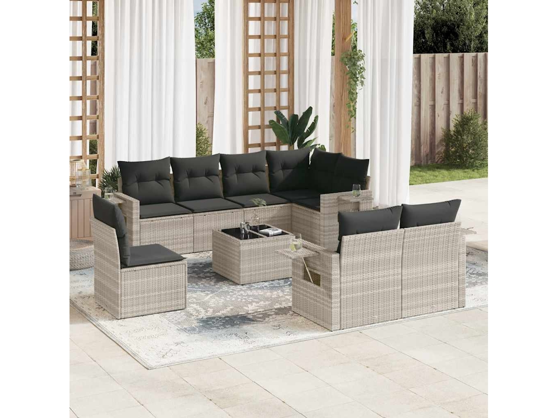 Vidaxl 9 Pcs Conj. Sofás Jardim com Almofadões Vime Pe Cinzento claro