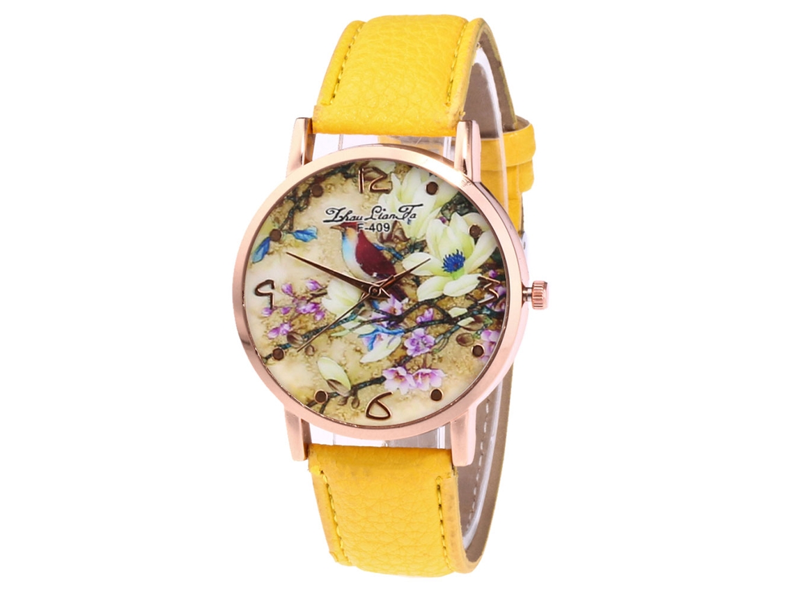 Relógio de pulso Zhoulianfa amarelo de quartzo com pulseira de PU e estampa de flores e pássaros.