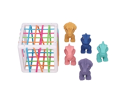 Brinquedo sensorial de classificação com elásticos, em formato de dinossauro para bebês.