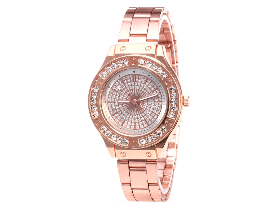 Relógio de luxo analógico de quartzo com strass para mulheres, pulseira de aço em ouro rosa.