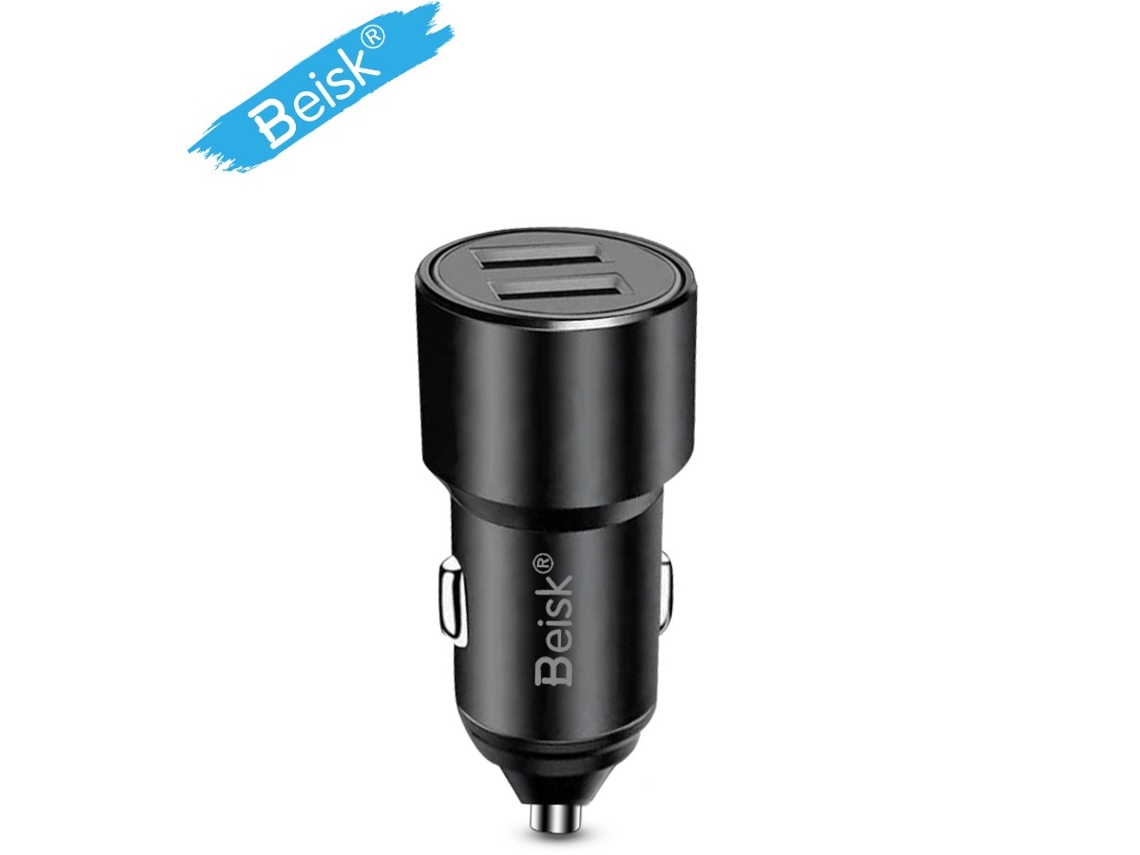 Carregador De Carro Beisk Dual Port Usb, Carregador De Veículo Preto Com Textura De Metal, Preto 1 Peça