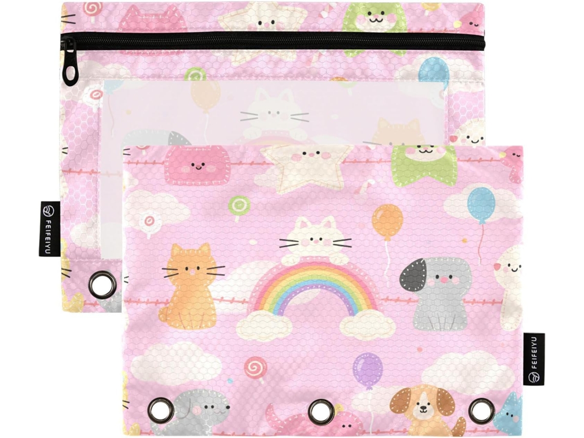Pasta De Escritório Artoon Com Estampa Gato E Cachorro Rosa, Janela Transparente, Tamanho Grande, Fechamento Com Zíper