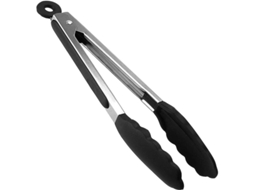 Pinça de cozinha Rebe em aço inoxidável e silicone para churrasco e culinária, 22 cm, preta.