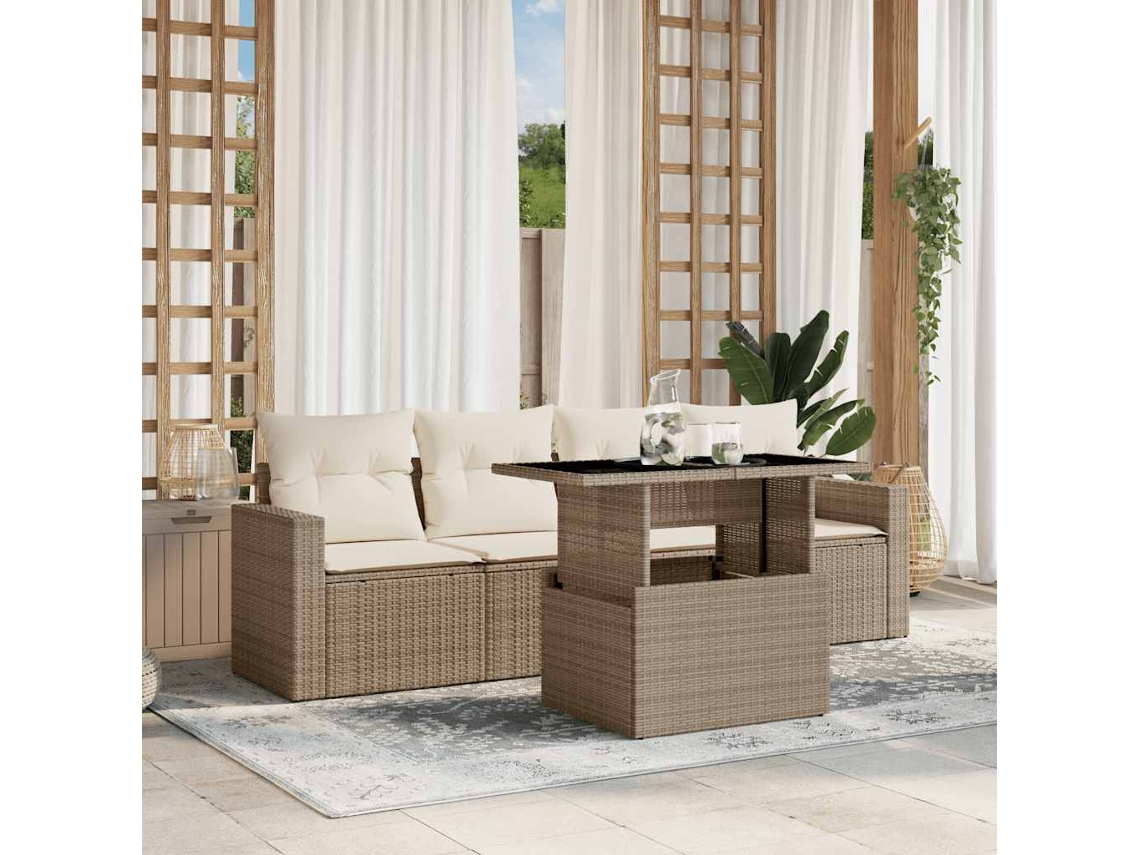 Vidaxl 5 Pcs Conjunto De Sofás P/ Jardim Com Almofadões Vime Pe Bege