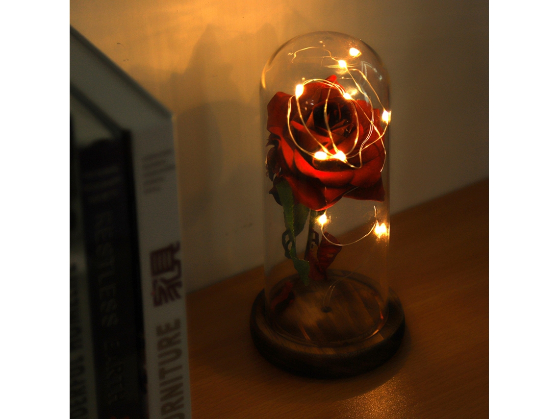 Rosa Preservada com Luz Led Base de Madeira Presente Red