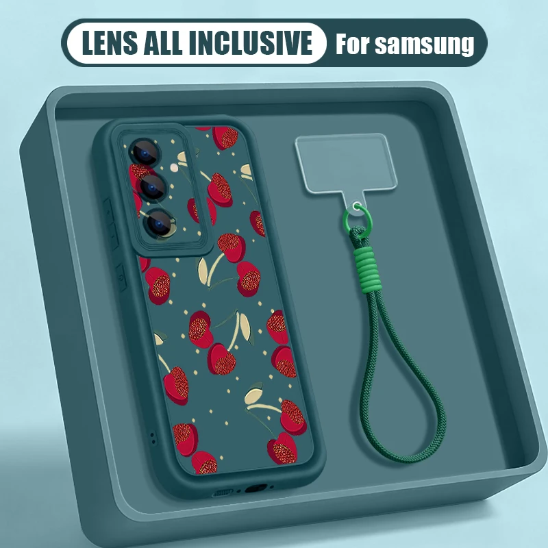 Capa Para Celular Galaxy A54 Com Cordão E Estampa De Cerejas (azul)