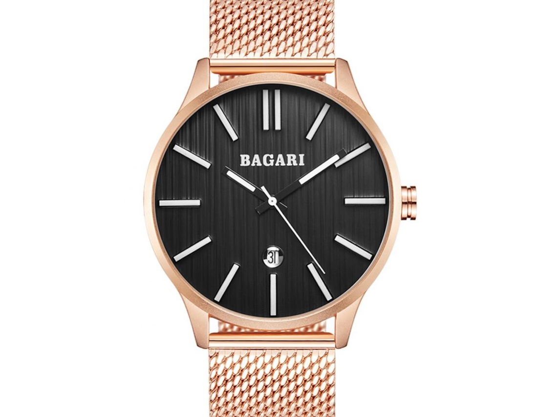 Relógio de quartzo masculino Bagari, pulseira de aço inoxidável, presente, ouro rosa, preto