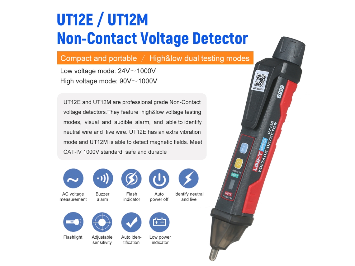 Laxiscreed Detector De Tensão Ac Ut12e Da Uni-t Com Alarme Sonoro, Visual E Lanterna Integrada