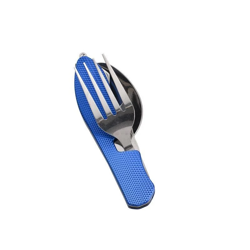(azul) Conjunto De Jantar Dobrável 4 Em 1 Em Aço Inoxidável Para Camping, Conjunto De Jantar De Bolso