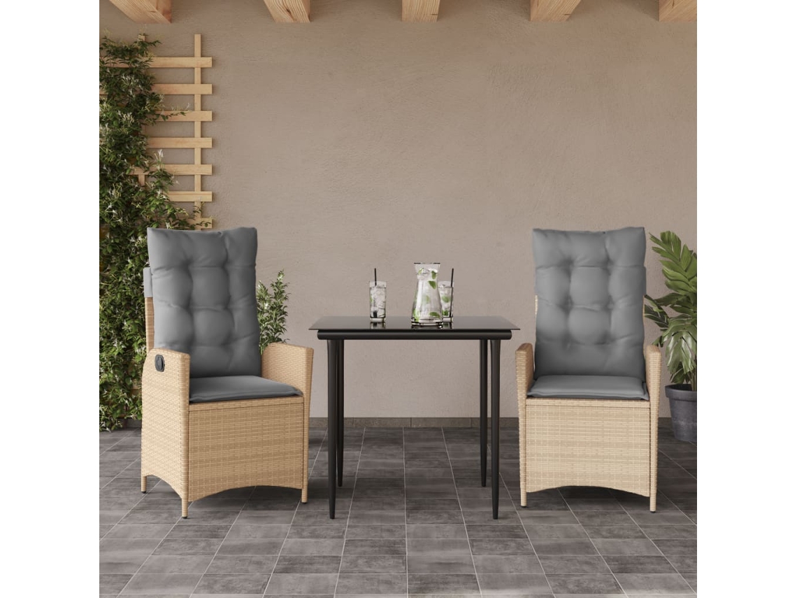 Vidaxl 3 Pcs Conjunto De Jantar P/ Jardim Com Almofadões Vime Pe Bege