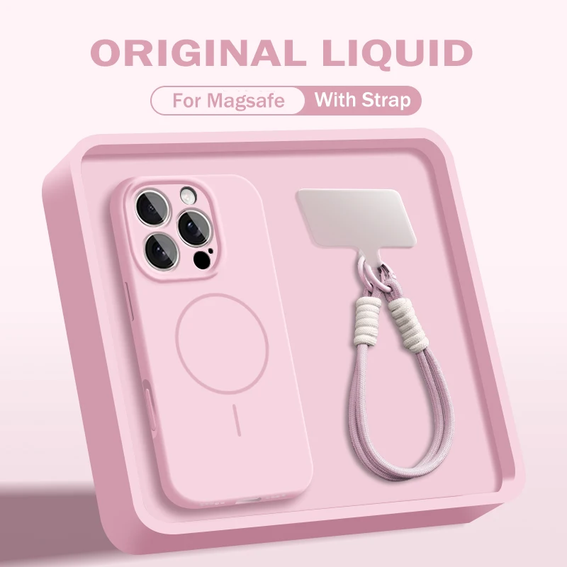 Capa Protetora De Silicone Líquido Com Carregamento Magnético Para Iphone 16 Pro Max (rosa Claro), Com Alça De Pulso E Cordão.