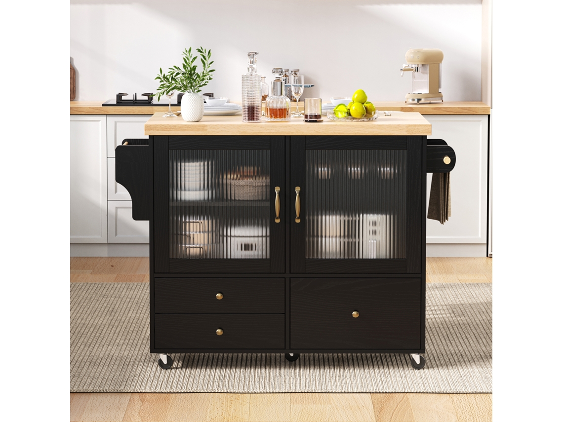 Ilha Cozinha Preta Móvel, Rodas, Mesa Extensível, Suporte Taças Vinho. Ge